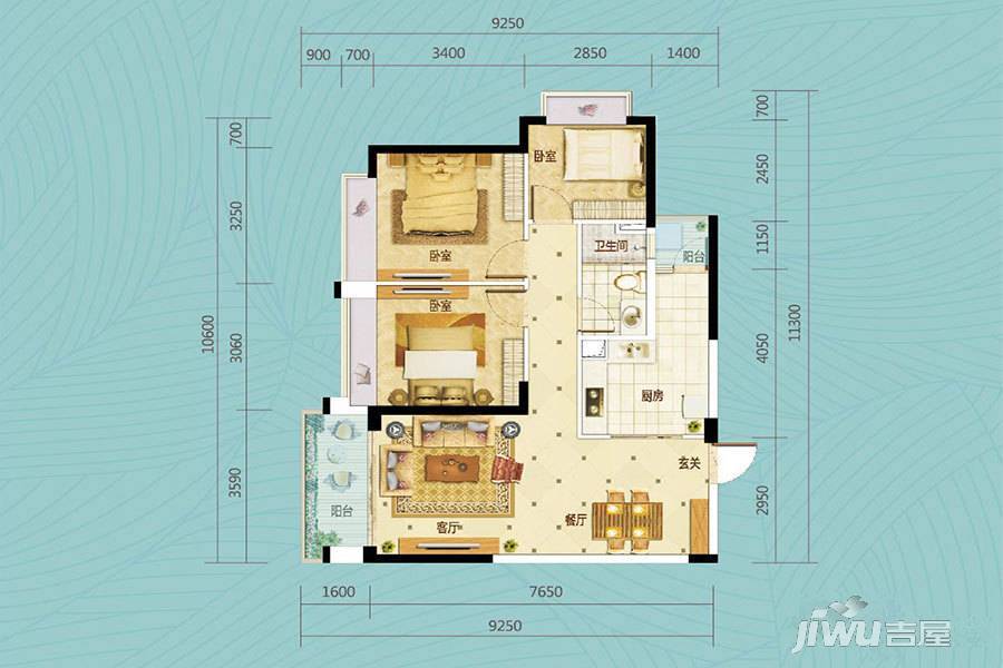 碧桂园翡翠山3室2厅1卫94㎡户型图