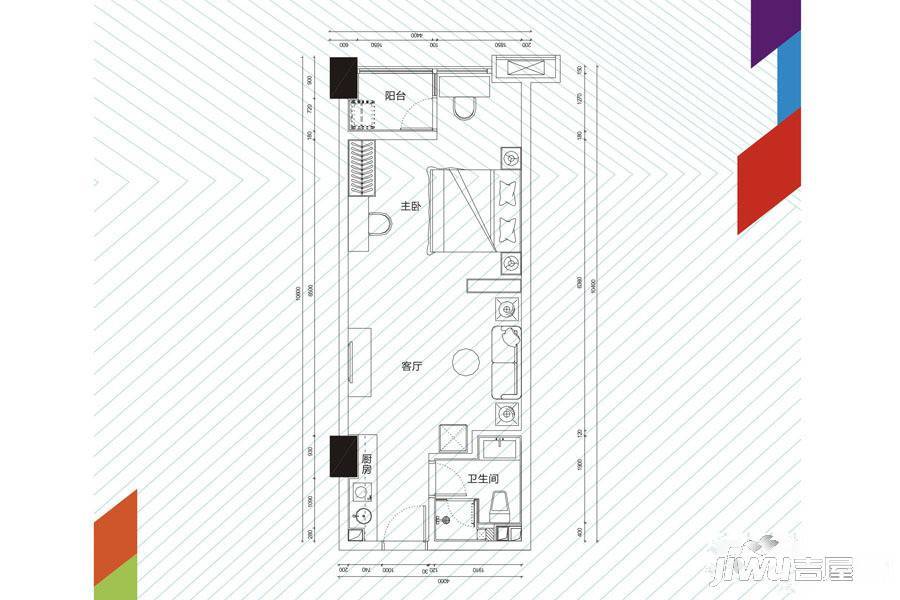 华南茶叶创意园菁英时代1室1厅1卫52㎡户型图