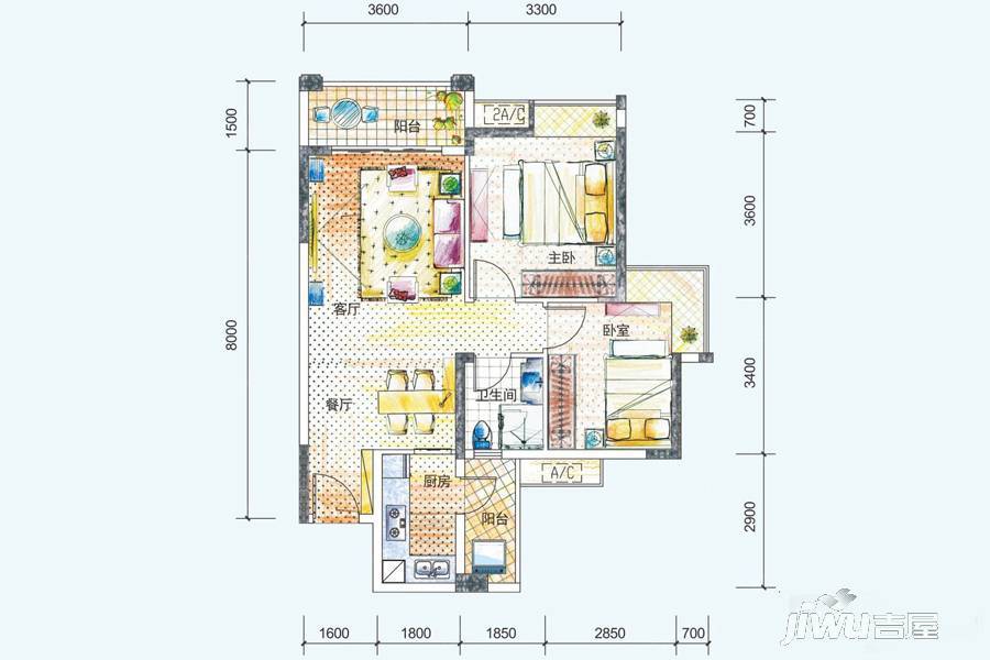 广源阳光里2室2厅1卫76㎡户型图