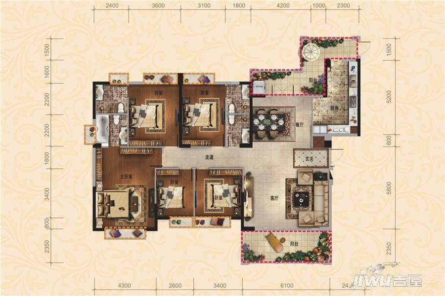 华讯大宅5室2厅4卫224㎡户型图