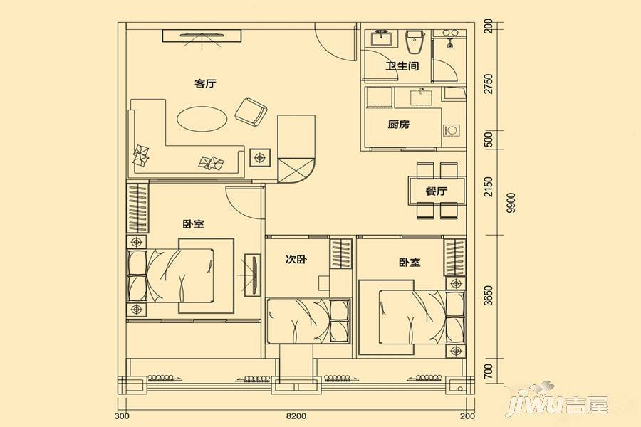 约克时代商铺3室2厅1卫115㎡户型图