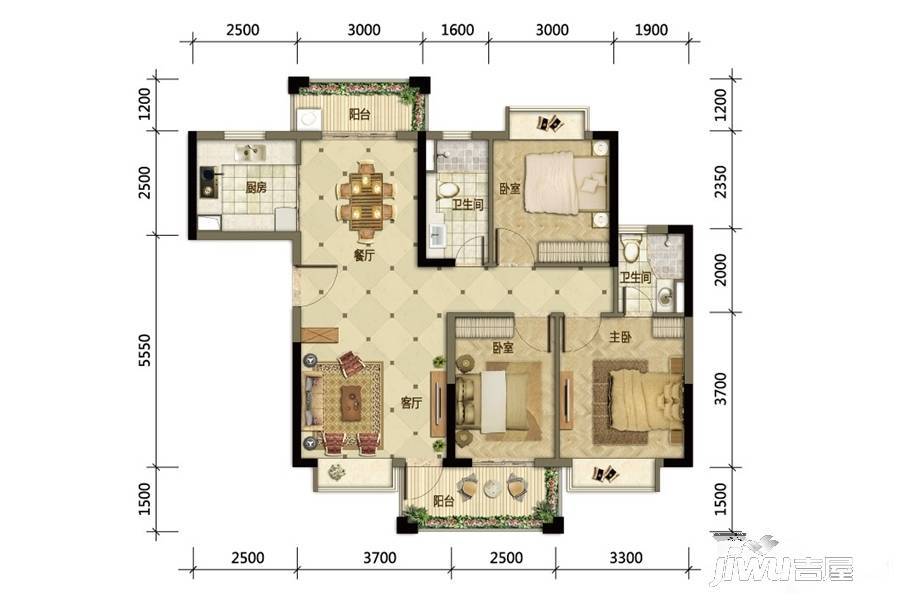 海德骏园二期3室2厅2卫102㎡户型图