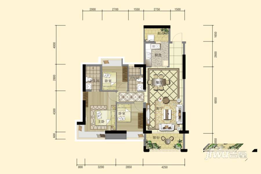 光大山湖城花园3室2厅1卫104㎡户型图