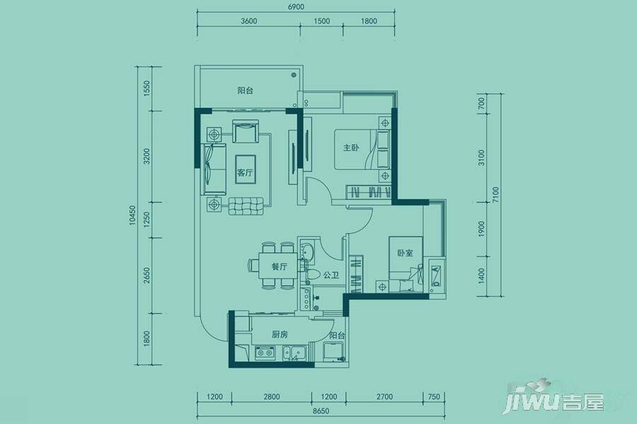 达鑫江滨新城2室2厅1卫74㎡户型图