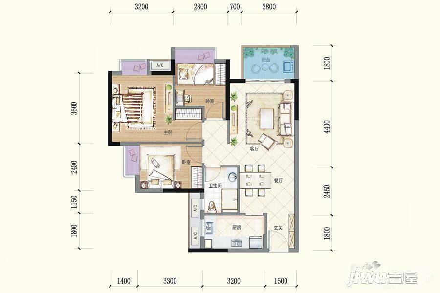 安华香蜜松湖3室2厅1卫85㎡户型图