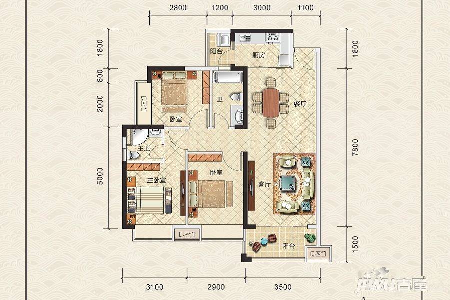 虎门印象3室2厅1卫96㎡户型图