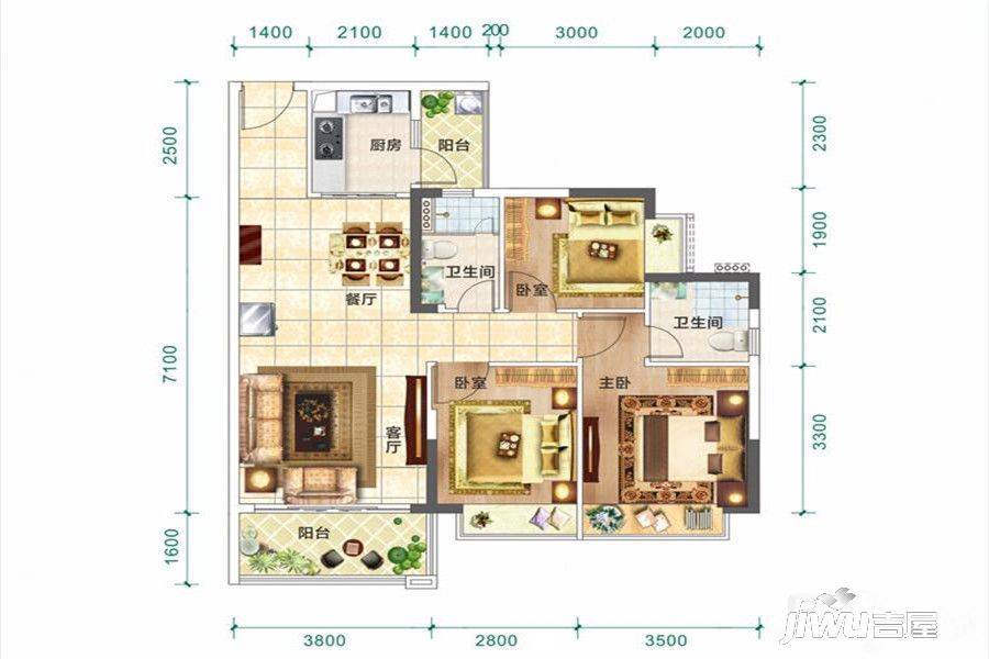 恒大翡翠华庭3室2厅2卫102㎡户型图