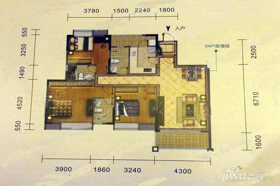 东田山畔华庭3室2厅3卫128㎡户型图