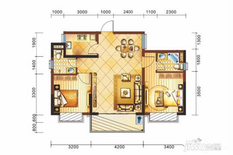 冠龙华府2室2厅2卫88㎡户型图