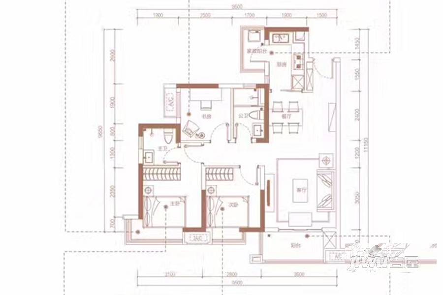 融创松湖澜园3室2厅2卫88㎡户型图