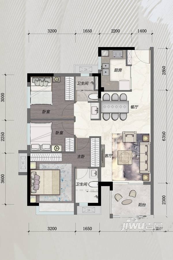 卓越维港璟颂3室2厅2卫96㎡户型图