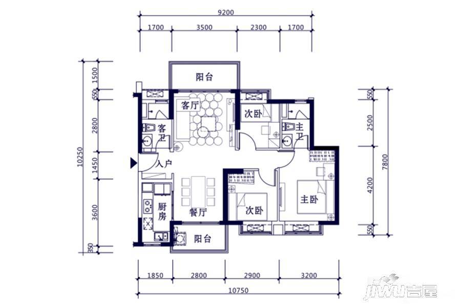 时代倾城3室2厅2卫92㎡户型图