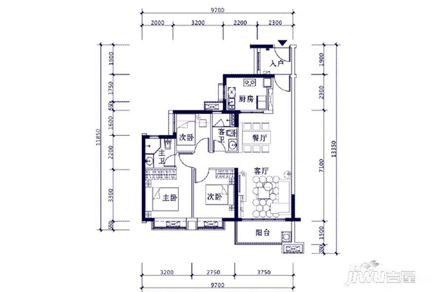 时代倾城3室2厅2卫98㎡户型图