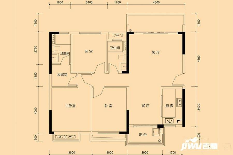 富盈香茶郡二期3室2厅2卫124㎡户型图