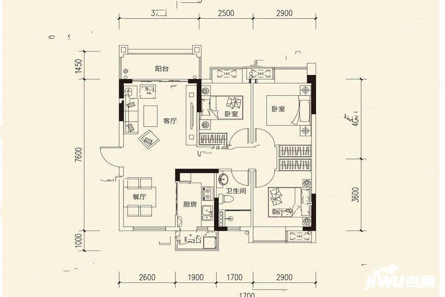 华建骏景园3室2厅1卫87.6㎡户型图