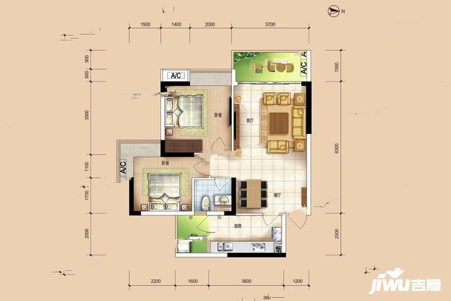 华安珑廷2室2厅1卫73.4㎡户型图