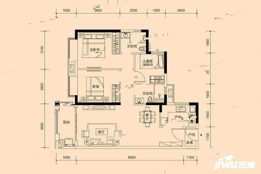 金地艺境水岸3室2厅2卫95㎡户型图