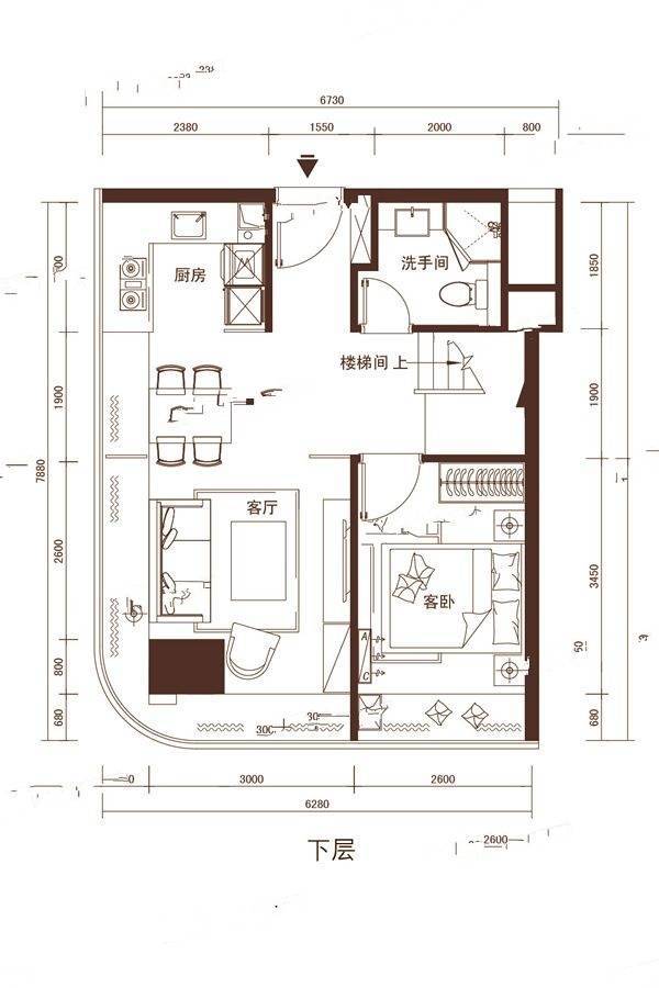 思朗广场3室2厅2卫61.2㎡户型图