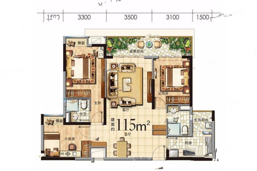 碧桂园天御湾3室2厅2卫115㎡户型图