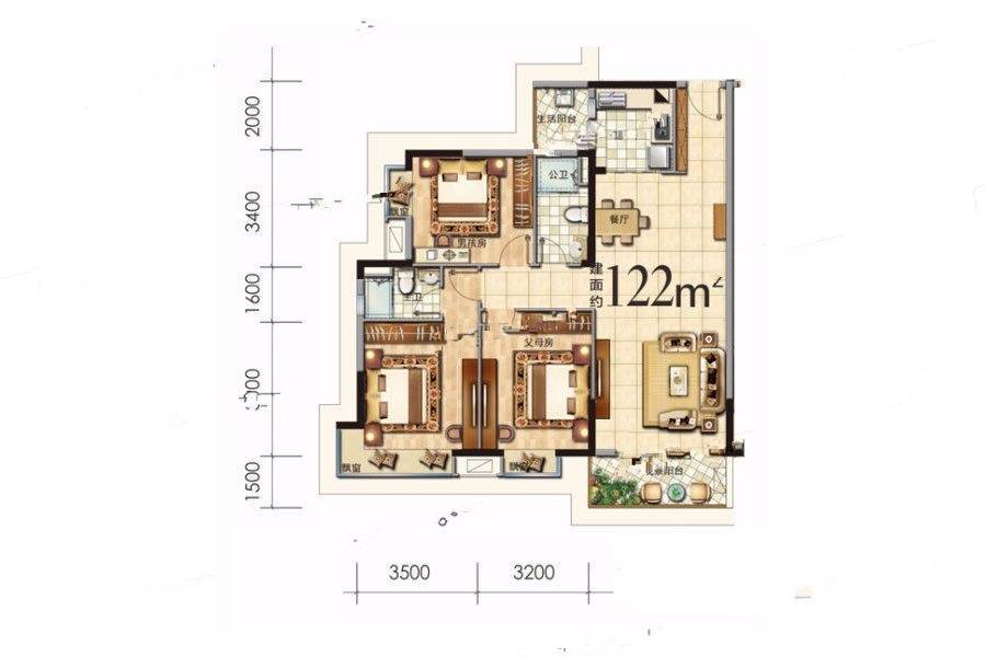 碧桂园天御湾3室2厅2卫122㎡户型图