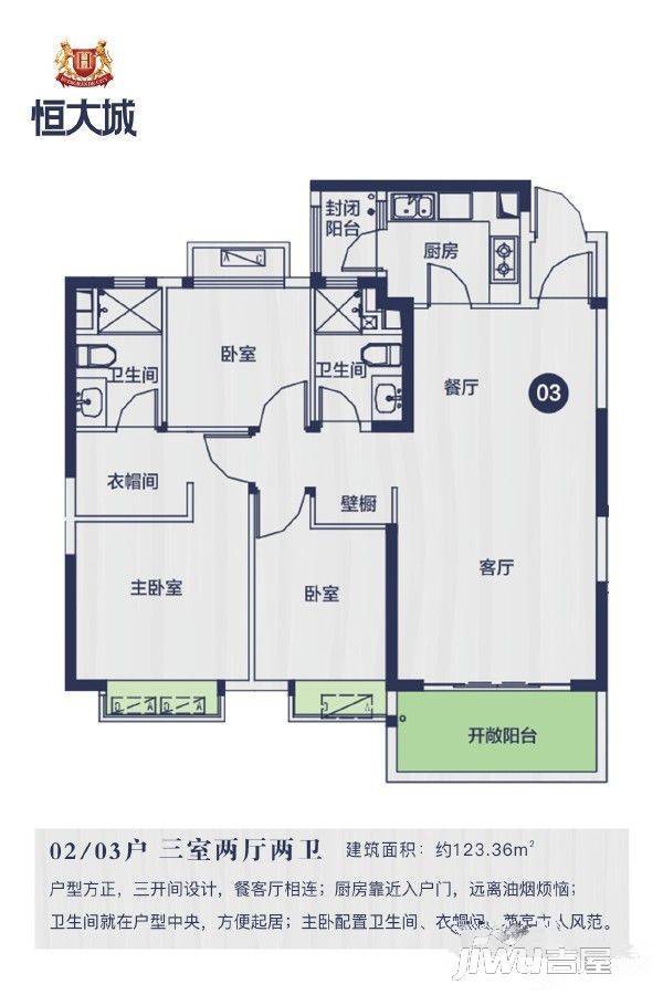 恒大城3室2厅2卫126.3㎡户型图