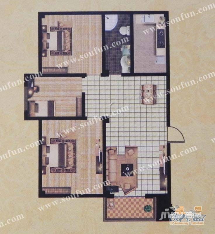 乾翔月半湾3室2厅1卫109.5㎡户型图