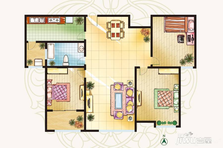 金石绿城3室2厅1卫124㎡户型图