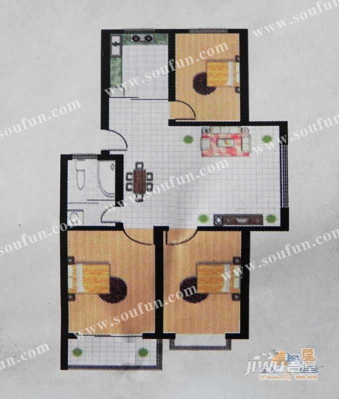 春天花园3室1厅1卫91.5㎡户型图