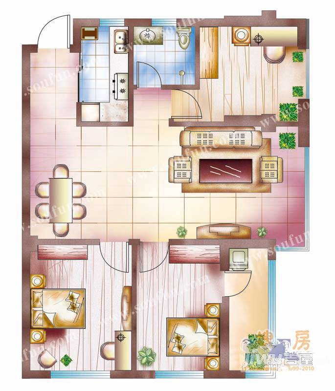 阳光四季3室2厅1卫102.1㎡户型图