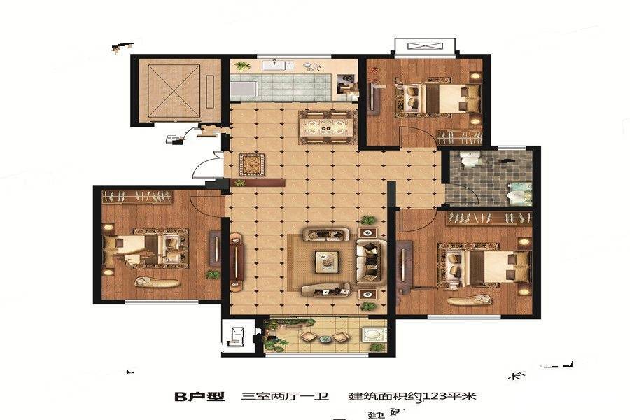 城南壹号3室2厅1卫120㎡户型图