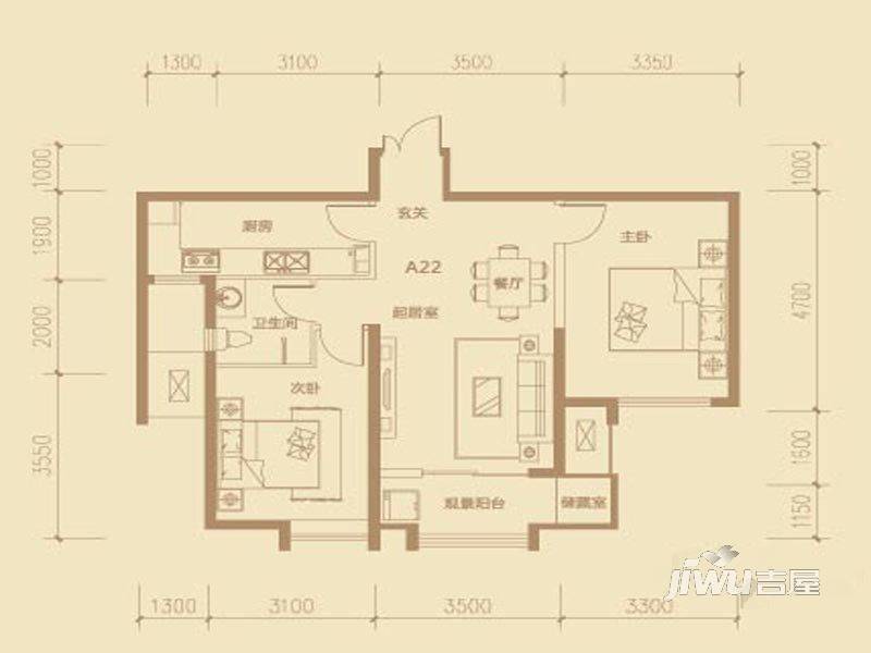 茂华紫苑公馆2室2厅1卫93.3㎡户型图