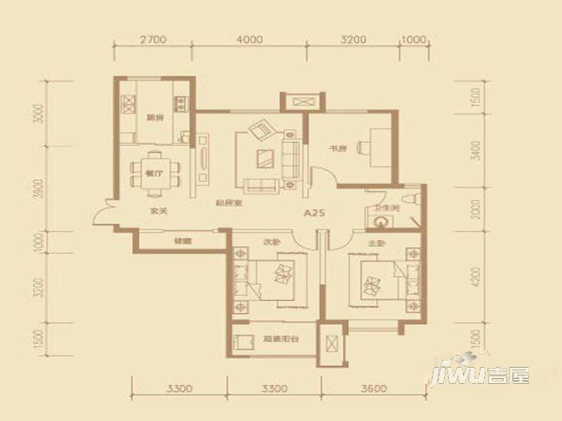 茂华紫苑公馆3室2厅1卫126.4㎡户型图