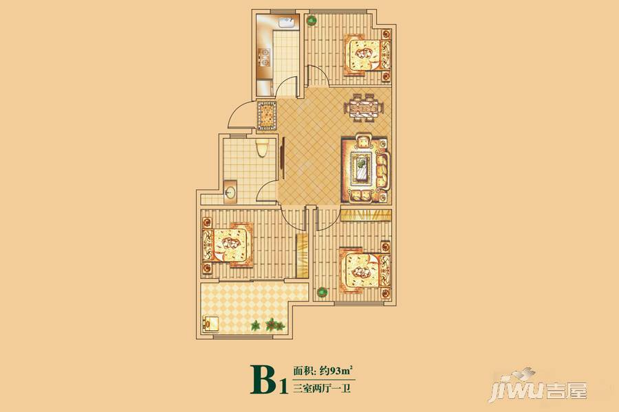 紫金园翡翠花园3室2厅1卫93㎡户型图