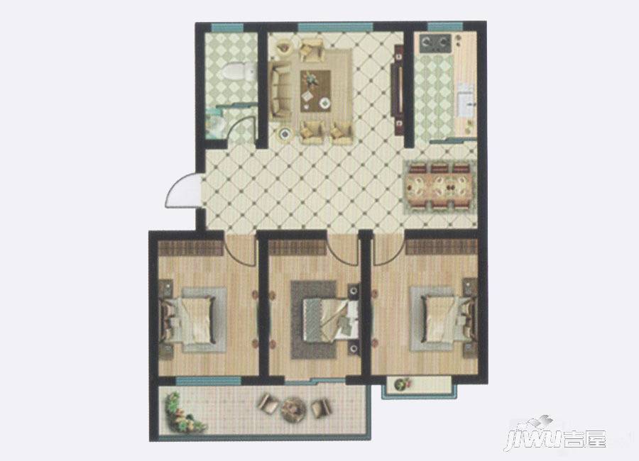 龙都现代城3室2厅1卫105㎡户型图