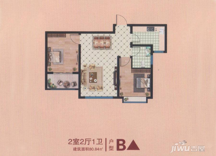 龙都现代城2室2厅1卫80.8㎡户型图