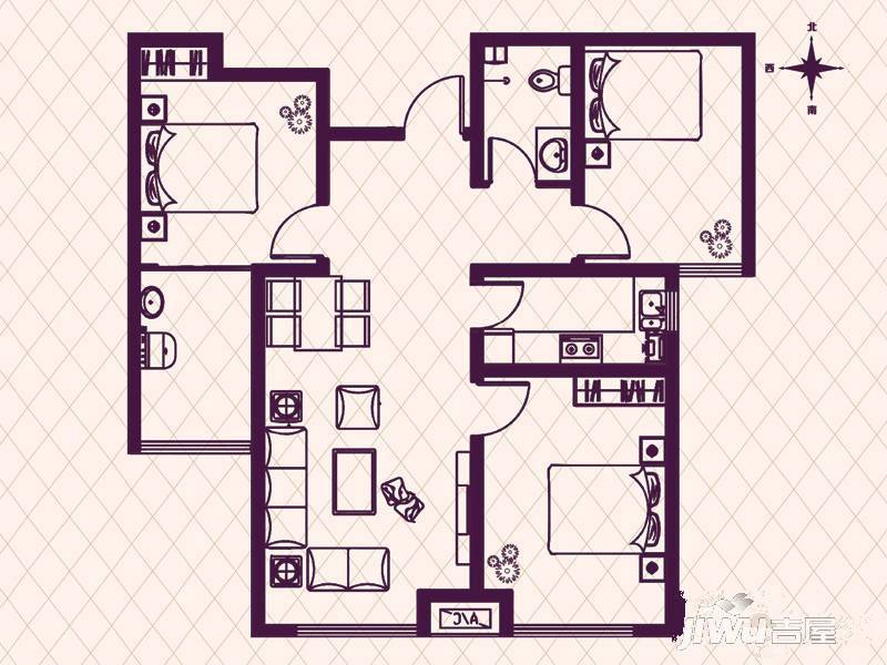 怡景华府3室2厅1卫104㎡户型图