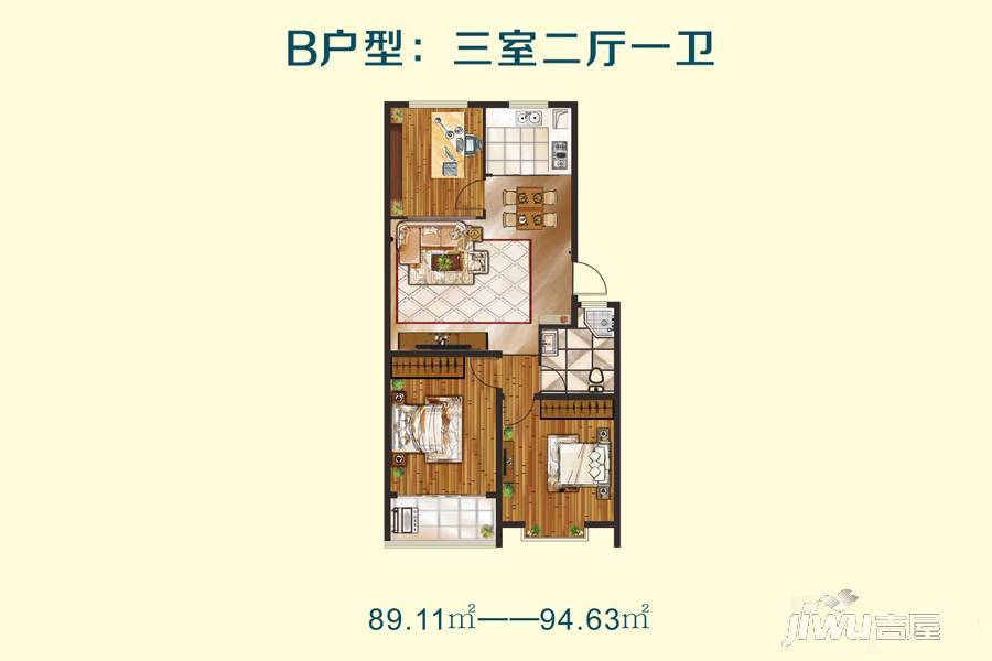 优胜美地3室2厅1卫94.6㎡户型图