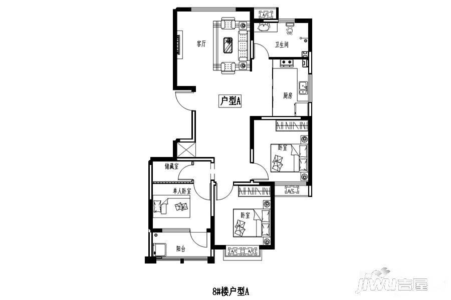 华都颐年园3室1厅1卫107㎡户型图