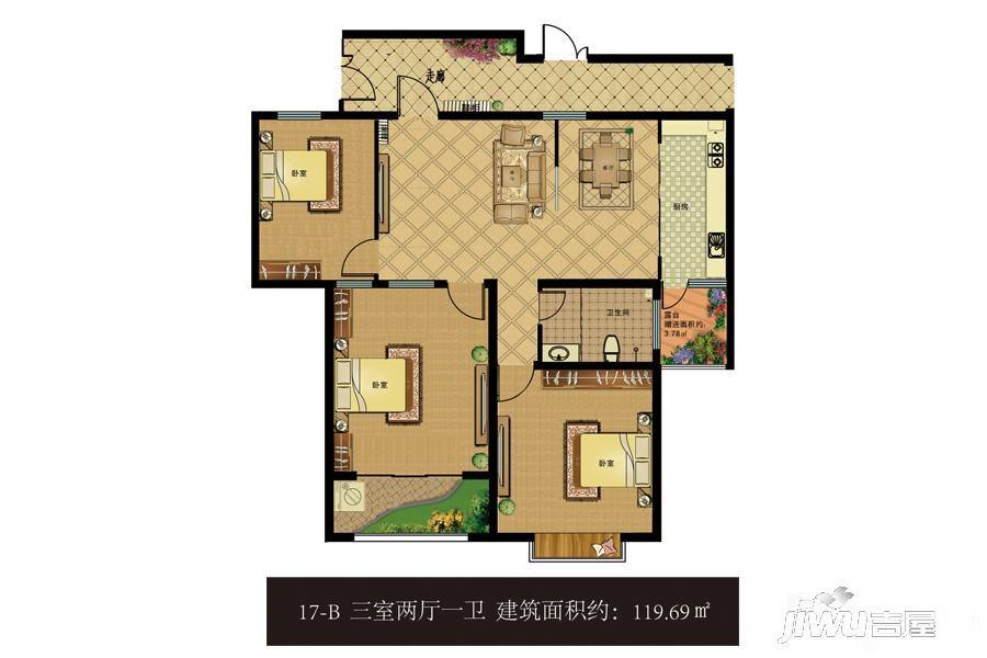 北美枫情3室2厅1卫119.7㎡户型图