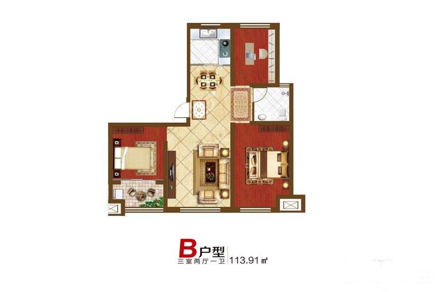 龙山小镇B区3室2厅1卫113.9㎡户型图