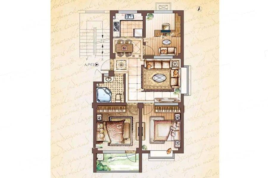 嘉汇花溪地3室2厅1卫85㎡户型图