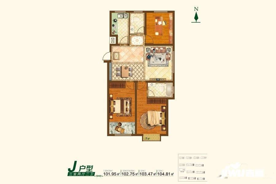 三友翡翠城3室2厅2卫104.8㎡户型图