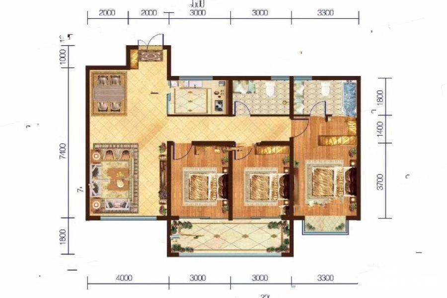 恒信巴塞小镇3室2厅2卫131㎡户型图