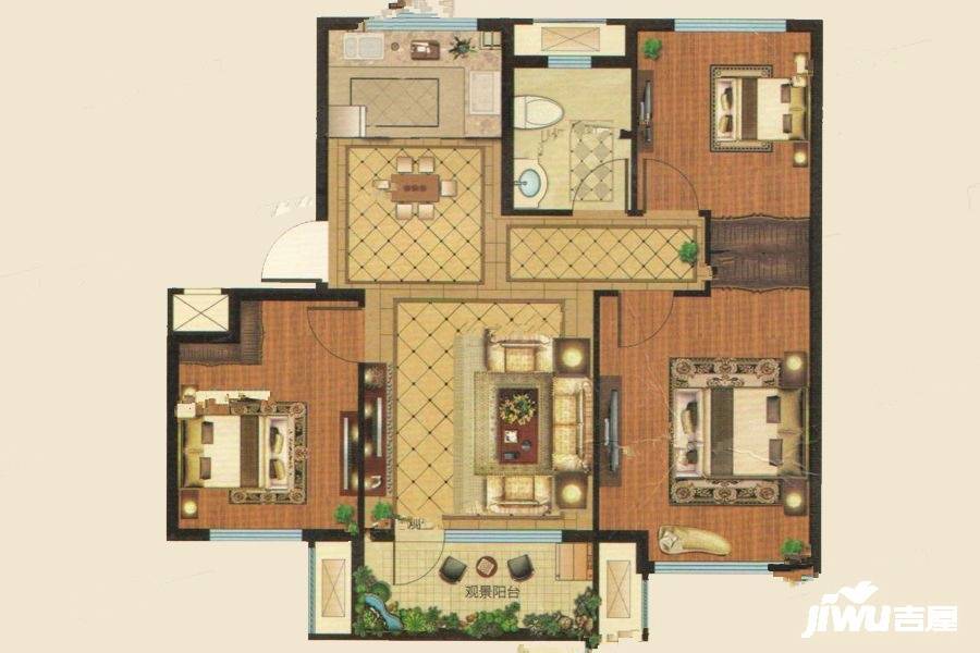 鲁发公园道1号3室2厅1卫101㎡户型图