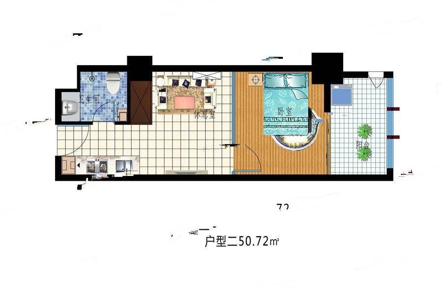 金都世家1室1厅1卫50.7㎡户型图