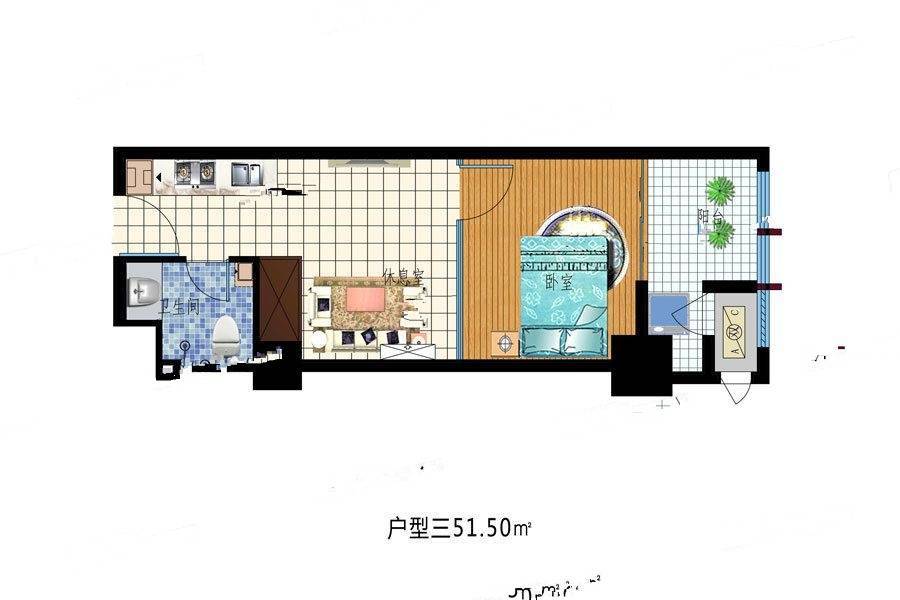 金都世家1室1厅1卫51.5㎡户型图