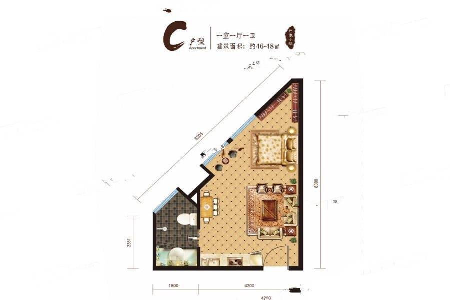 恒信巴塞小镇1室1厅1卫48㎡户型图