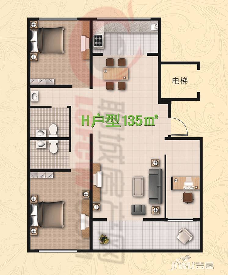 时代中通首府3室2厅2卫135㎡户型图