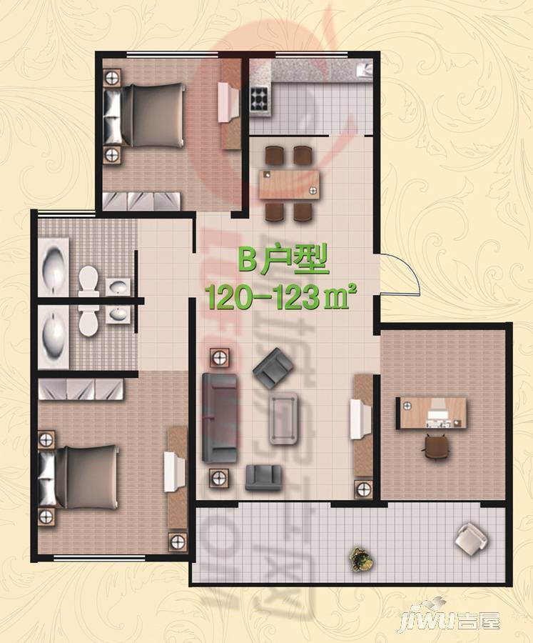 时代中通首府3室2厅2卫120㎡户型图