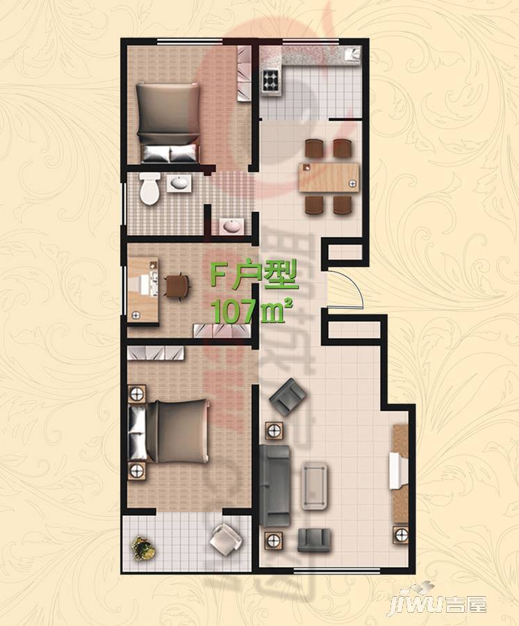 时代中通首府3室2厅1卫107㎡户型图